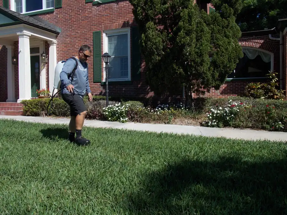 Technician in a company shirt spraying the shrub line of a brick colonial home
